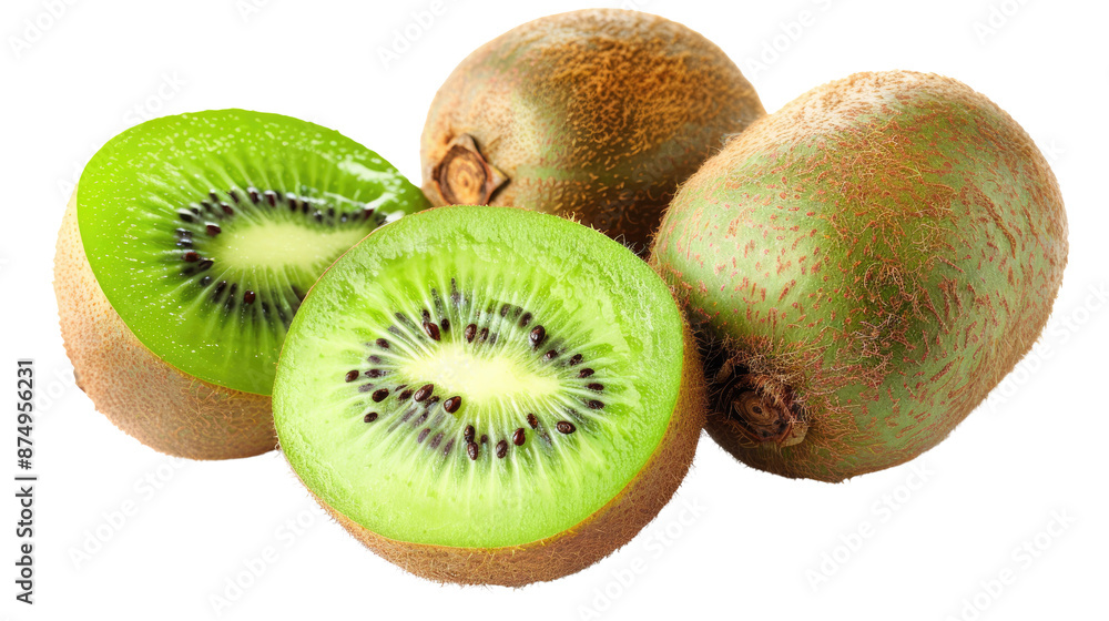 Fototapeta premium Exotic kiwis isolated on white background, whole and halved