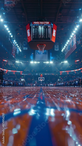 The basketball court is empty, with the lights on and the scoreboard in the background.