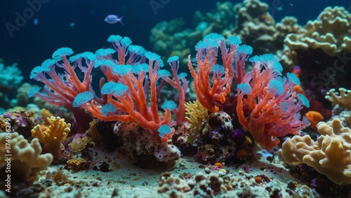 Vibrant cnidarians float gracefully amidst the colorful stony coral in an underwater paradise, adding life and beauty to any marine aquarium. photo