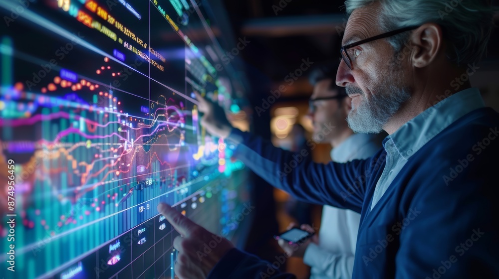 A group of professionals are closely analyzing data visualizations on a large interactive screen. The image captures a modern tech-driven environment focused on data analysis and business strategy. A group of professionals are closely analyzing data visualizations on a large interactive screen. The image captures a modern tech-driven environment focused on data analysis and business strategy.