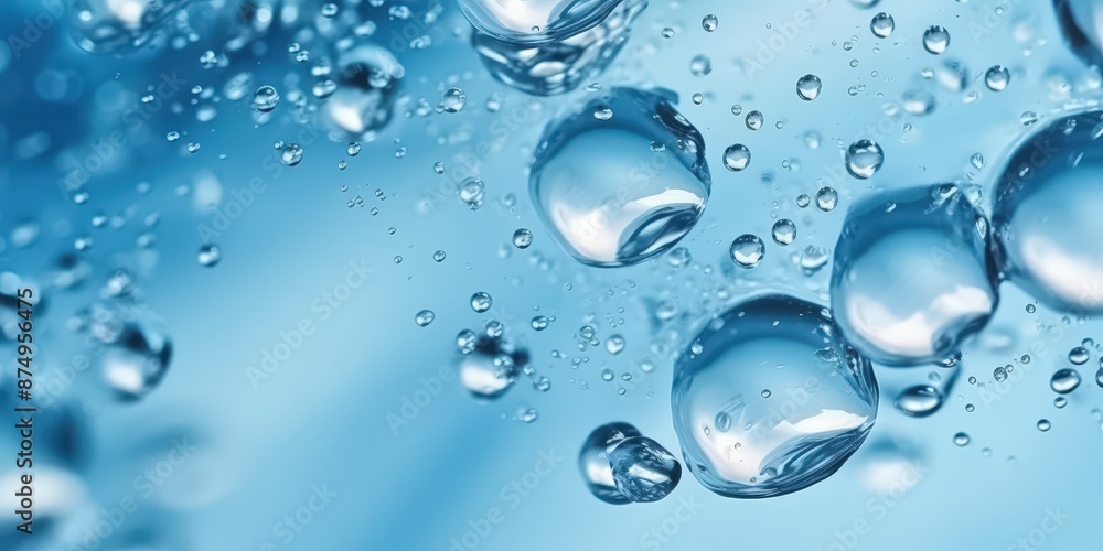Crystal clear water droplets floating in mid-air with a blue background Crystal clear water droplets floating in mid-air with a blue background