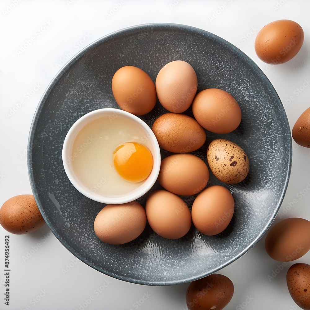 Eggs and egg yolk in bowl on white background, top view Eggs and egg yolk in bowl on white background, top view