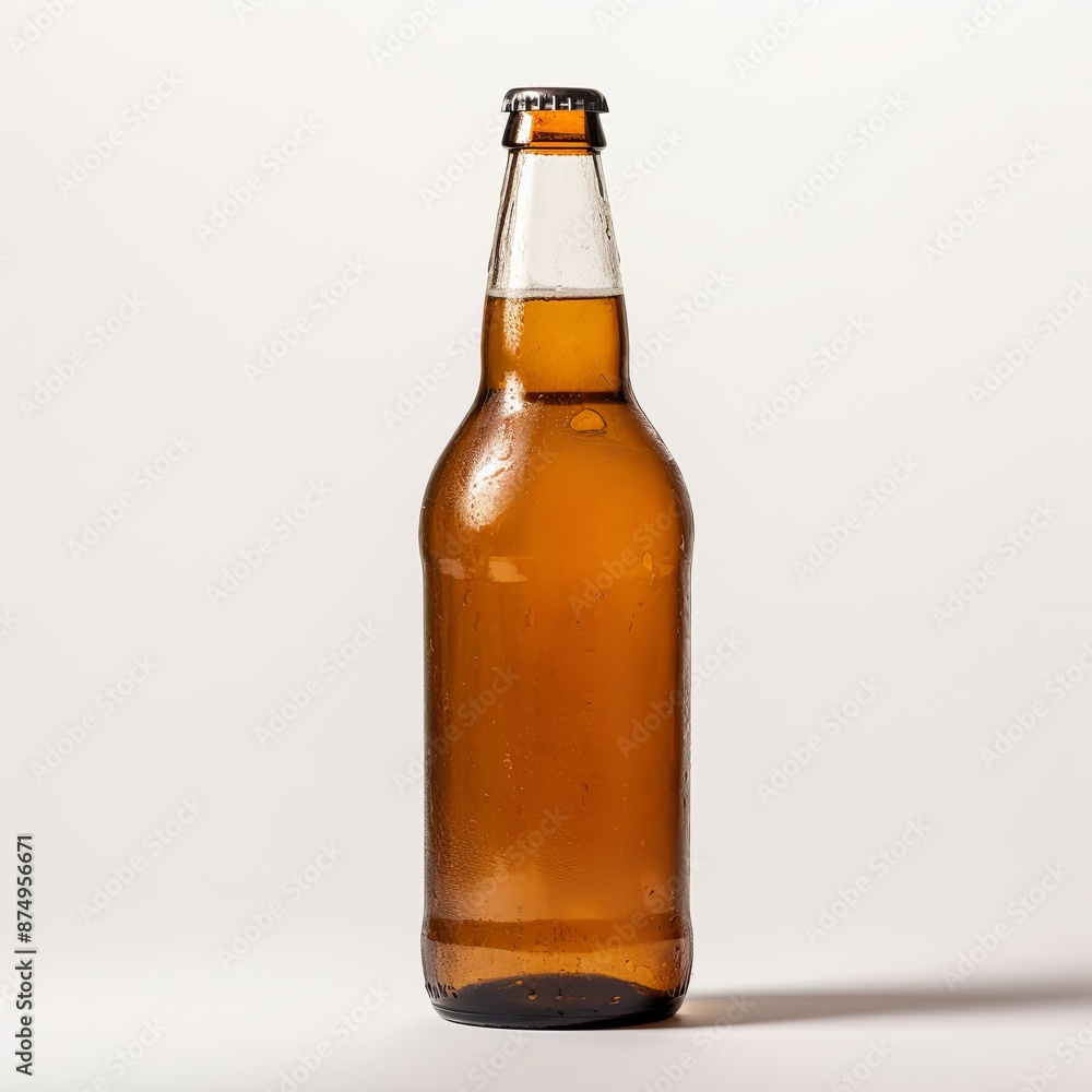 A single brown glass beer bottle with condensation on its surface is isolated on a white background, creating a visually appealing still life composition ideal for various uses. A single brown glass beer bottle with condensation on its surface is isolated on a white background, creating a visually appealing still life composition ideal for various uses.
