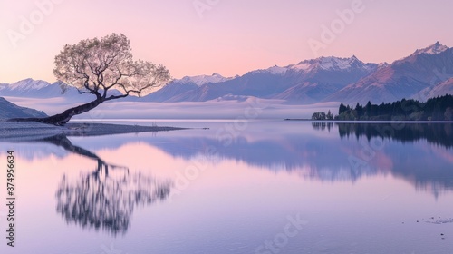 The soft glow of sunrise envelops the Wanaka tree, casting ethereal light on Lake Wanaka and creating a serene morning scene in Wanaka, New Zealand. © peerawat