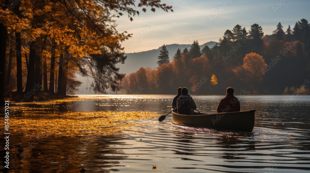 A serene boat ride during autumn on a calm lake surrounded by trees with golden foliage. A serene boat ride during autumn on a calm lake surrounded by trees with golden foliage.