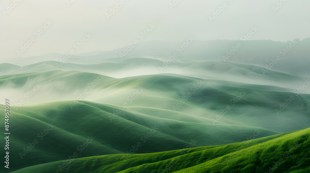 A vast, green hillside with a foggy mist covering the landscape A vast, green hillside with a foggy mist covering the landscape