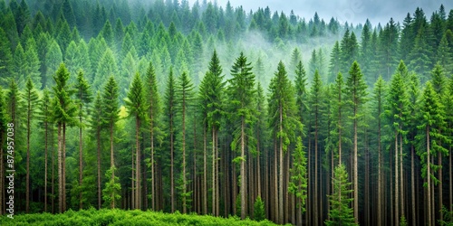 Green pine trees standing tall in a dense forest, anticipating the arrival of a rainy day, pine trees, forest, green