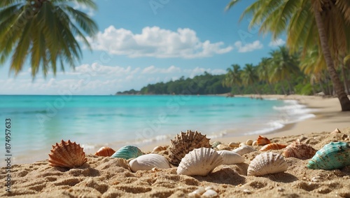 Sunny tropical beach with turquoise water, summer holidays vacation background, seashells in sand, palm tree on the beach. photo