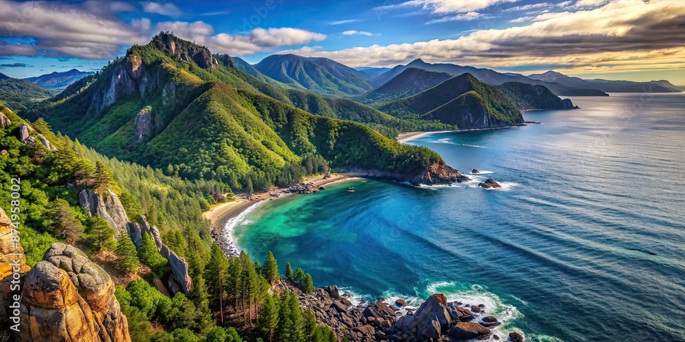 Fototapeta premium Scenic photograph of a mountain range overlooking a rugged coastline with lush forests below, mountains, coastline, forest