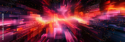 Vibrant and dynamic abstract background featuring a high-tech, futuristic theme. It showcases an explosion of colors and geometric shapes converging towards a central point, creating a sense of speed