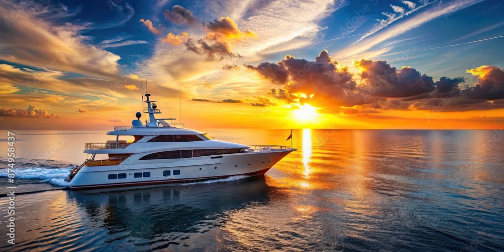 Fototapeta premium Luxurious yacht sailing at sunrise on shimmering ocean, Luxury, yacht, sunrise, ocean, tranquil, radiant, sky, pink, orange