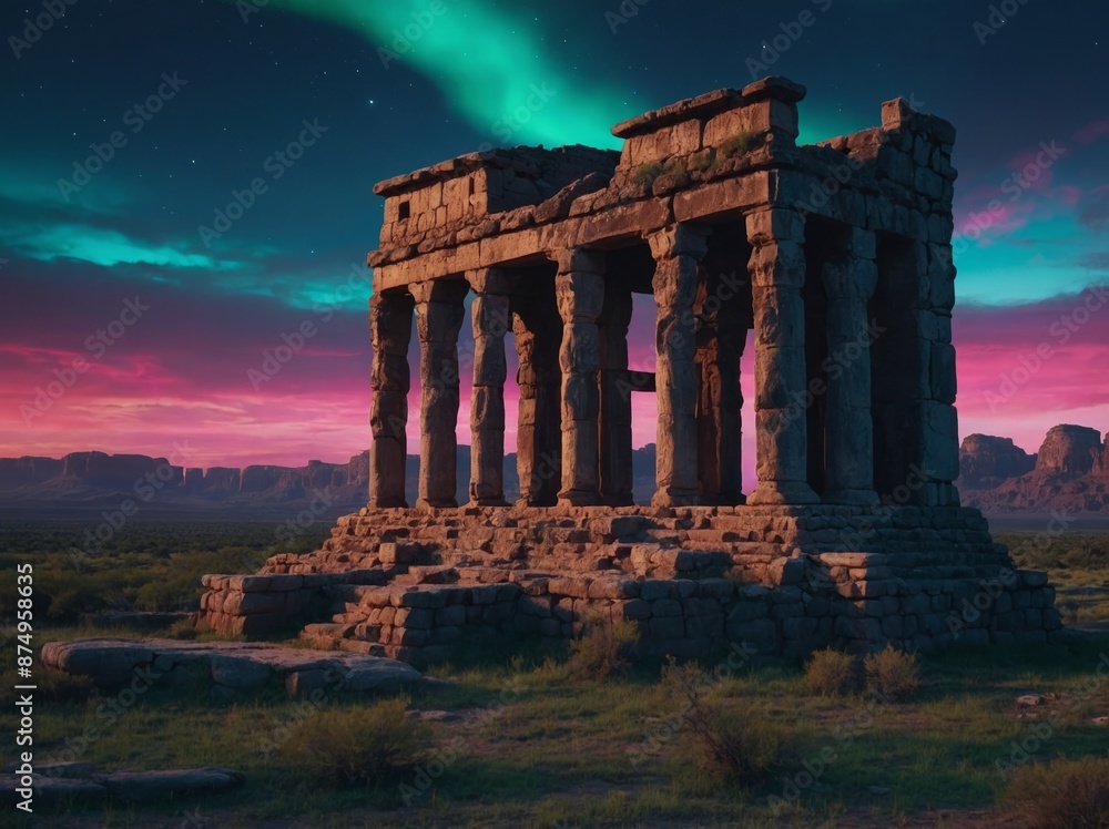 Fototapeta premium Holographic technology presenting wildlife safari and ancient ruins in an eco friendly city under a neon lit sky.