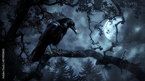 black raven on night scene with full moon 