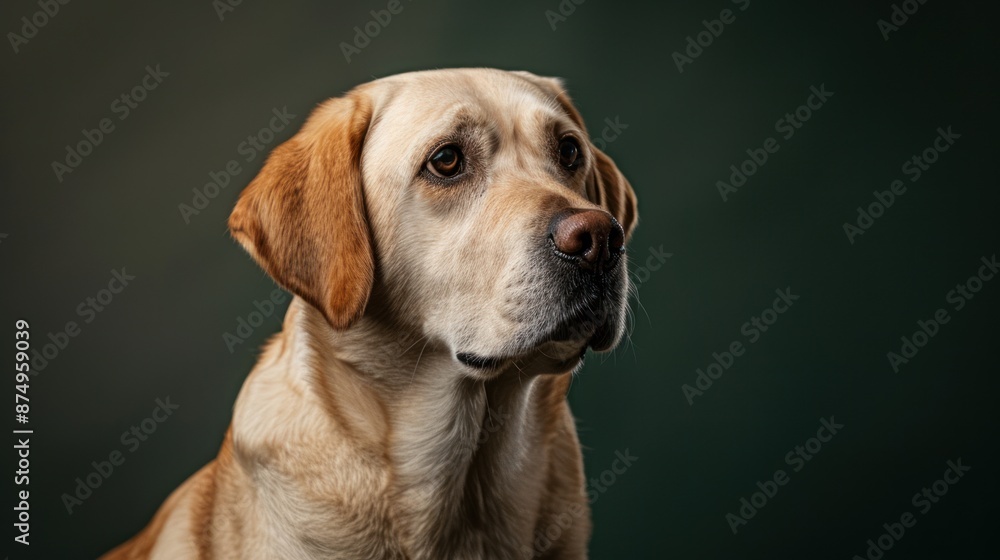 Close-up of a dog looking proud, sitting up straight, sitting in front of a dark green background, Portrait close-up, hyper-realistic, high detail, photorealistic, studio lighting, Key Light, Fill Close-up of a dog looking proud, sitting up straight, sitting in front of a dark green background, Portrait close-up, hyper-realistic, high detail, photorealistic, studio lighting, Key Light, Fill