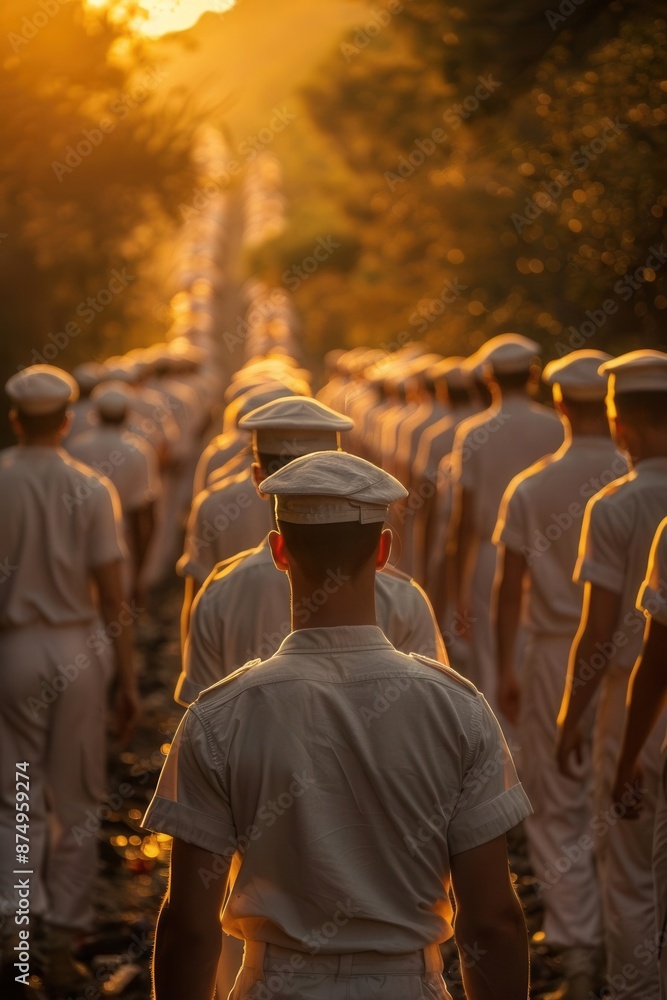 Backview of cadets in training, dawn light, wide shot, orderly style Backview of cadets in training, dawn light, wide shot, orderly style