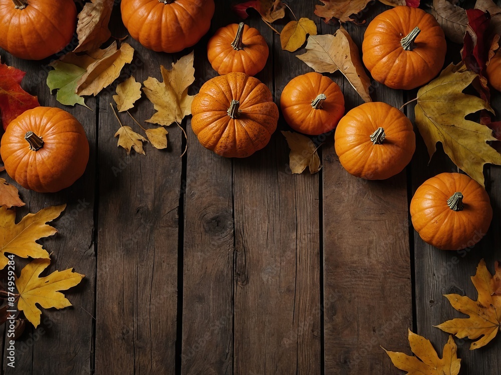 Happy Thanksgiving day concept Autumn composition with ripe orange pumpkins, fallen leaves on rustic wooden table Flat lay, top view, copy space. Happy Thanksgiving day concept Autumn composition with ripe orange pumpkins, fallen leaves on rustic wooden table Flat lay, top view, copy space.