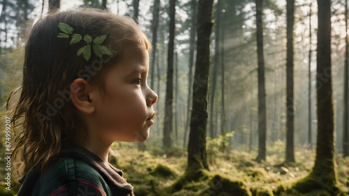Double exposure portrait of child combined with nature.  AI generated image, ai. environment save the world concept.