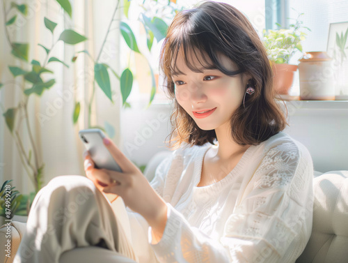 スマートフォンを使う笑顔の女性