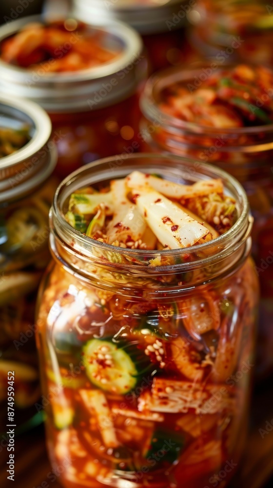 Various kimchi (kimchi cabbage, cucumber and radish) in jar, Korean food Various kimchi (kimchi cabbage, cucumber and radish) in jar, Korean food