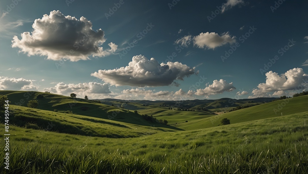 Obraz premium Tranquil beauty of springtime nature in peaceful countryside landscape Green grass, blue sky, white clouds, rolling hills.