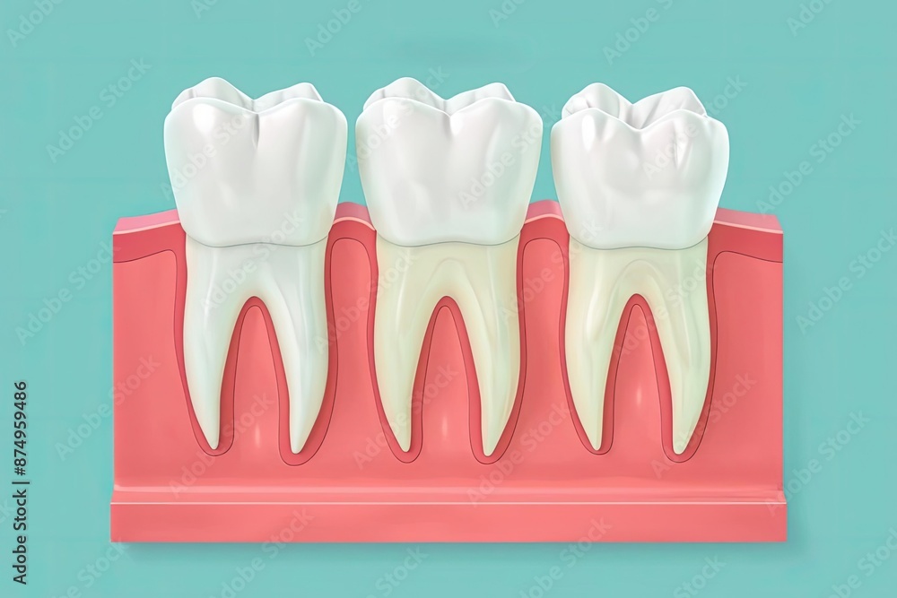 3D model of human teeth on a gum base against a blue background, illustrating dental health, anatomy, and oral care. 3D model of human teeth on a gum base against a blue background, illustrating dental health, anatomy, and oral care.
