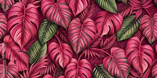 Tropical leaves in amaranth pink seamless pattern, tropical, leaves, amaranth pink, seamless, pattern, nature, exotic