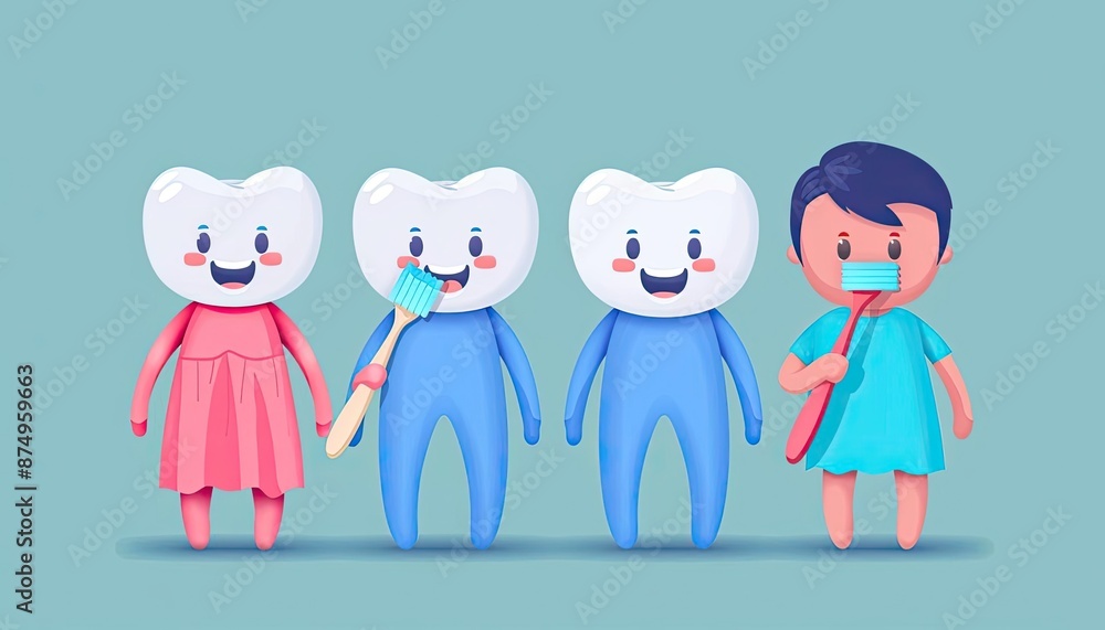Cute cartoon illustration of tooth characters and a child practicing dental hygiene with toothbrushes and toothpaste on a blue background. Cute cartoon illustration of tooth characters and a child practicing dental hygiene with toothbrushes and toothpaste on a blue background.