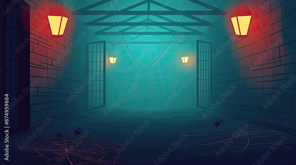 Obraz premium Spooky dimly lit hallway with glowing lamps, open doors, and eerie atmosphere ideal for Halloween or horror themed designs.