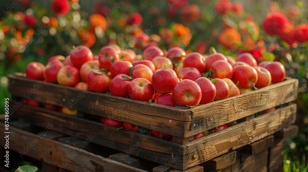 A farmer holding a wooden crate containing red apples, with a blurred object apple container background, showing the farmer and the apples A farmer holding a wooden crate containing red apples, with a blurred object apple container background, showing the farmer and the apples