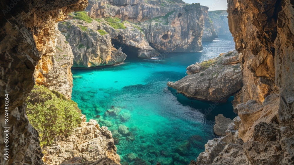A breathtaking view of a hidden cove with turquoise water, framed by towering cliffs. A breathtaking view of a hidden cove with turquoise water, framed by towering cliffs.