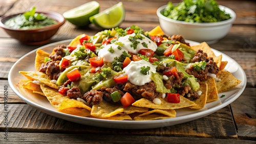 Plate of loaded nachos topped with seasoned beef, melted cheese, sour cream, and guacamole, nachos, loaded, beef