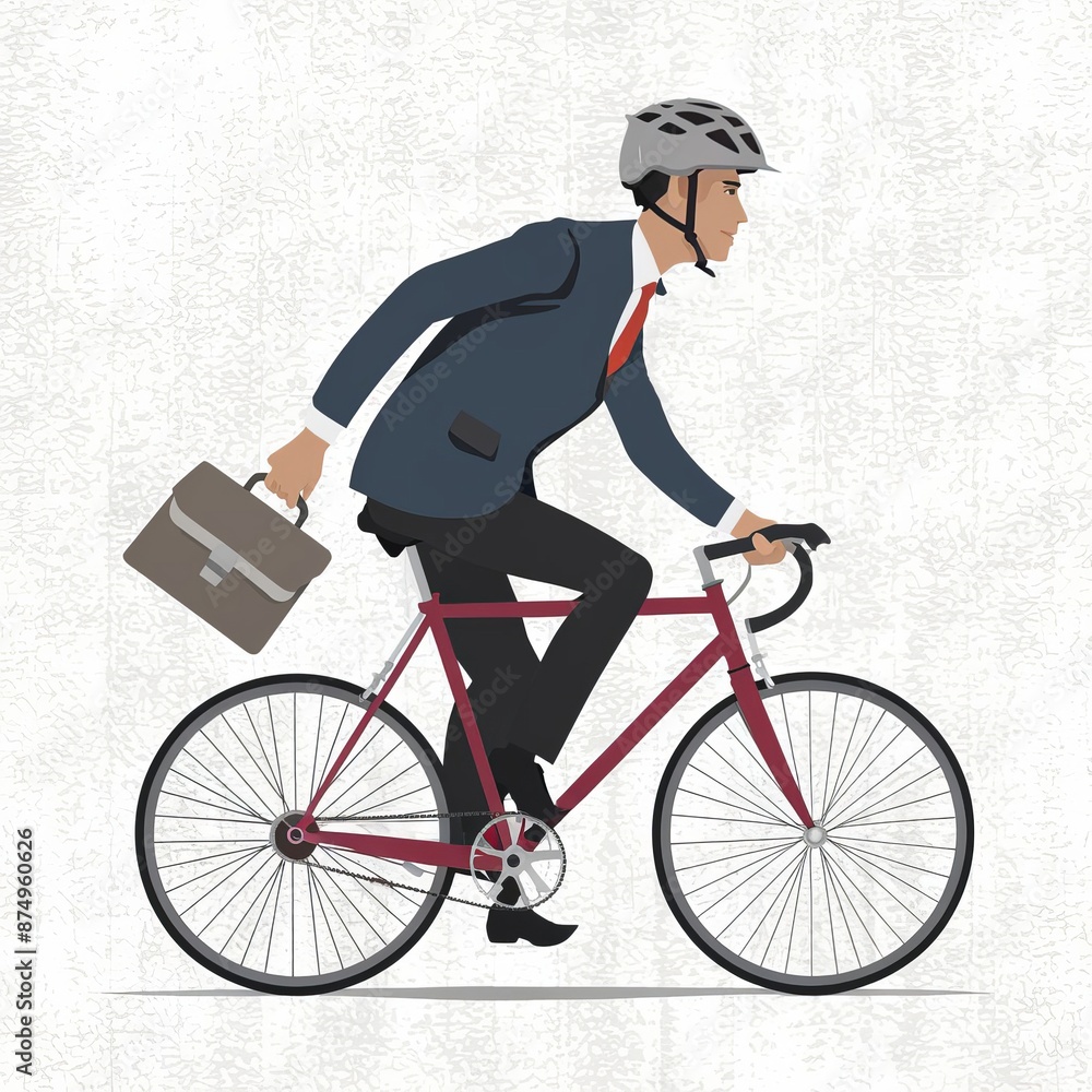 Naklejka premium Business man in suit riding to work on bicycle, bicycle helmet on his head, briefcase with documents in one hand. Minimalistic illustration in flat art style on white background