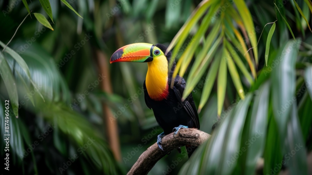 Obraz premium A brightly colored toucan perched on a branch, its vibrant beak contrasting with the lush foliage.