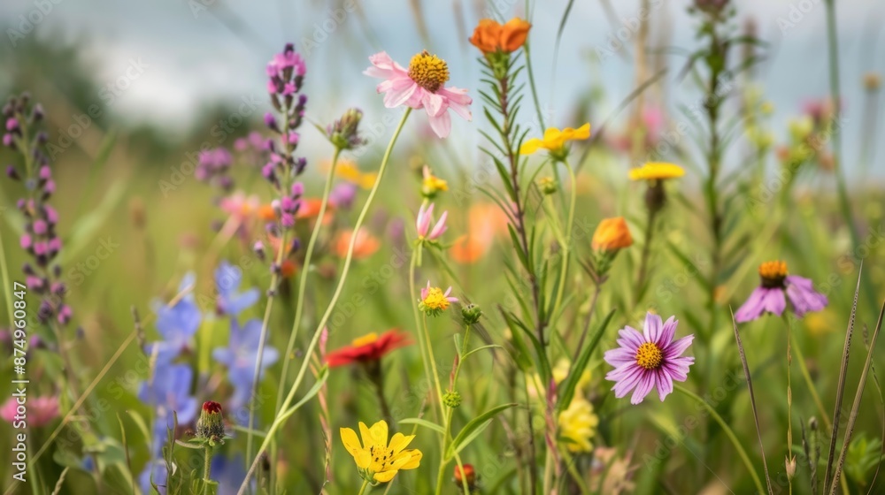 Obraz premium A close-up photo of colorful wildflowers blooming in a wild prairie meadow