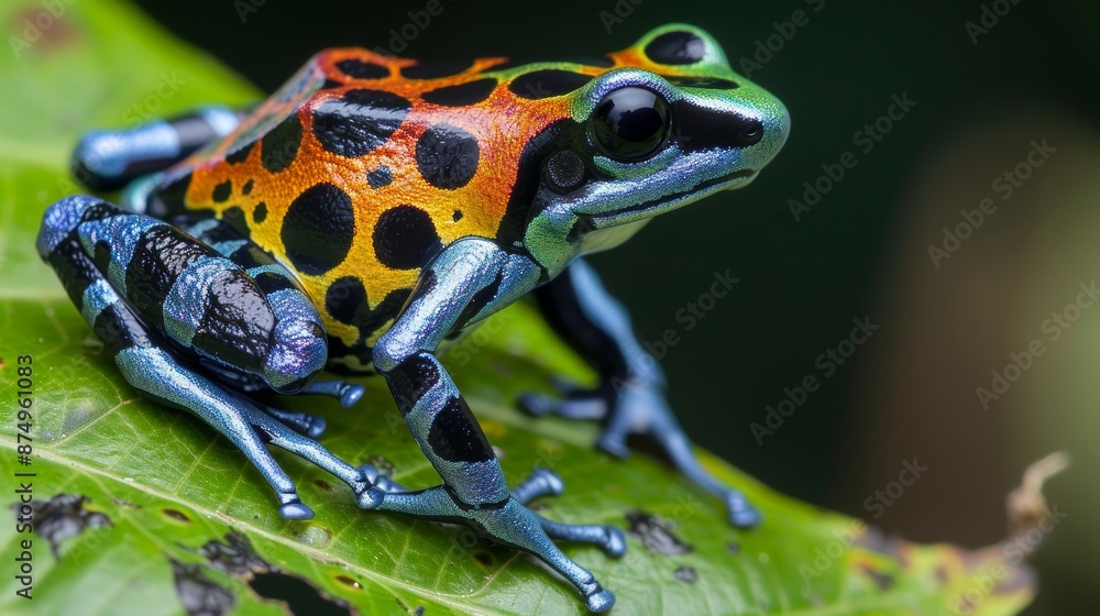 Obraz premium A close-up view of a colorful poison dart frog perched on a leaf, showcasing its vibrant warning coloration.