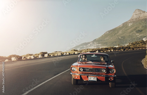 Car, driving and couple on journey, adventure or holiday together outdoor on highway. Motor vehicle, man and woman travel on road trip in transport for vacation, relax and tourism by sky mockup space