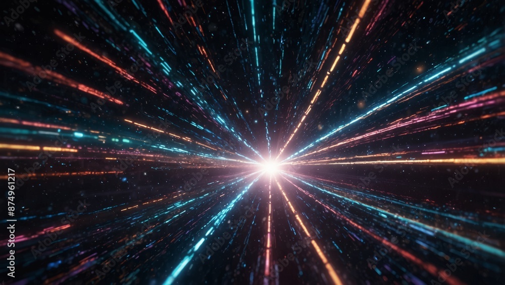 Naklejka premium Hyperspace Stars Travel, Time warp, traveling in space,Abstract flight in retro neon hyper warp space in the tunnel, high speed wave lines and flare lights backgrounds.