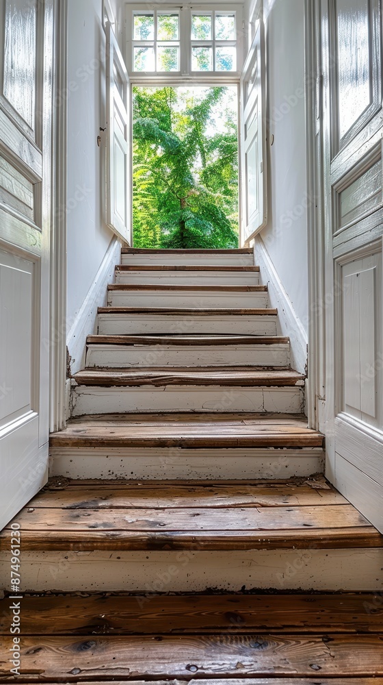 Fototapeta premium a staircase with wooden steps leading to a door