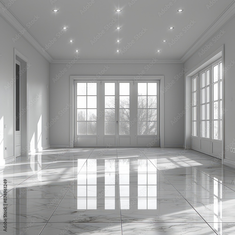 Fototapeta premium white marble floor in empty room with large windows