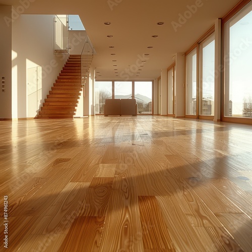 a large empty room with wooden floors photo