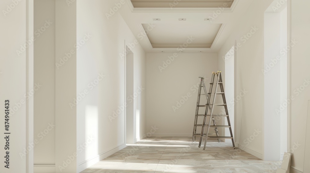 a white hallway with a ladder and a ladder a white hallway with a ladder and a ladder