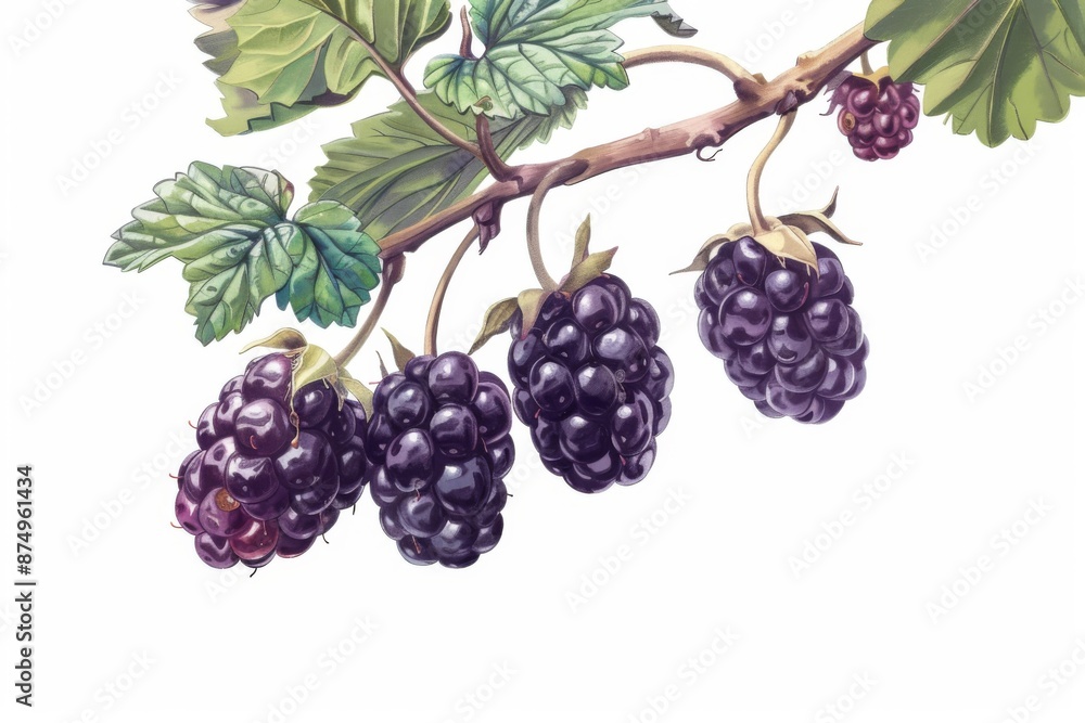 A juicy blackberry hangs from a thorny stem, surrounded by lush green leaves. The berry is ripe and ready to be picked. A juicy blackberry hangs from a thorny stem, surrounded by lush green leaves. The berry is ripe and ready to be picked.