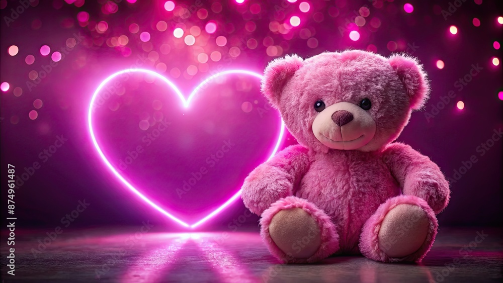Hot Pink Cuddly Teddy Bear holding a Sparkling Neon Heart on hearts background for Valentine's Day , teddy bear Hot Pink Cuddly Teddy Bear holding a Sparkling Neon Heart on hearts background for Valentine's Day , teddy bear