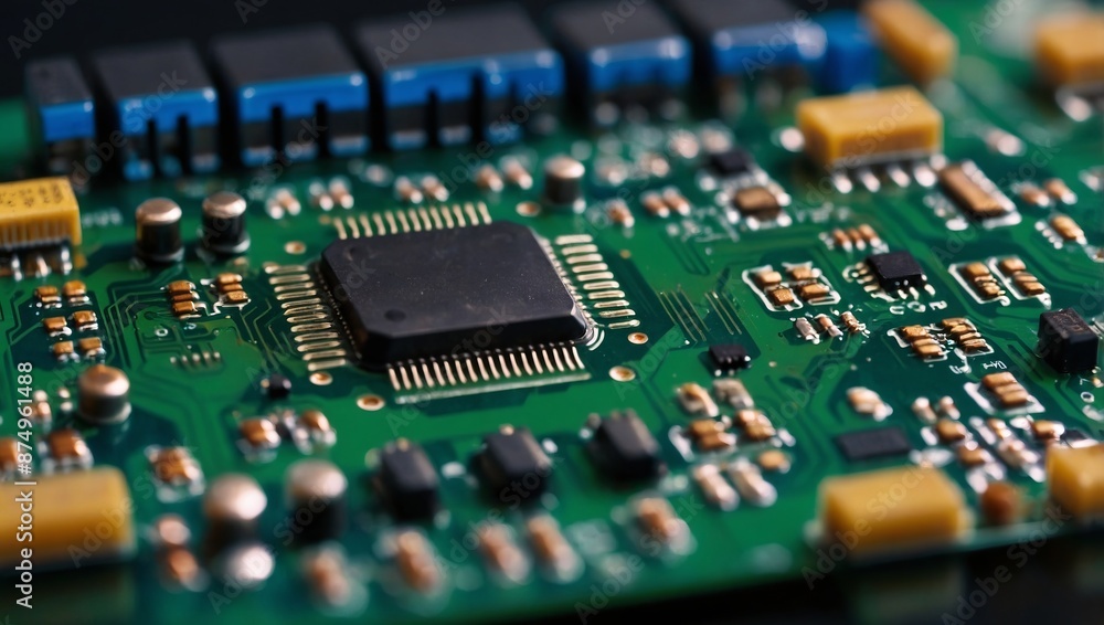 Electronic circuit board with electronic components such as chips close up Blurry background. Electronic circuit board with electronic components such as chips close up Blurry background.