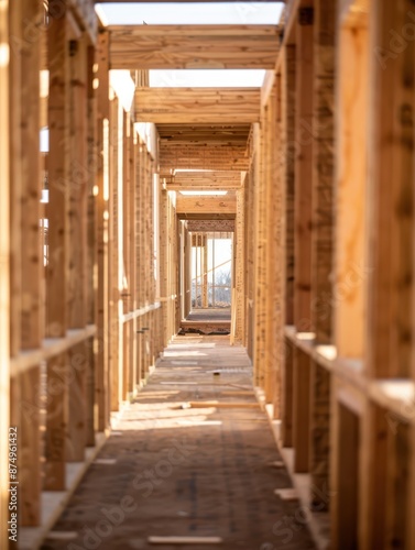 a long hallway with wooden framing and windows