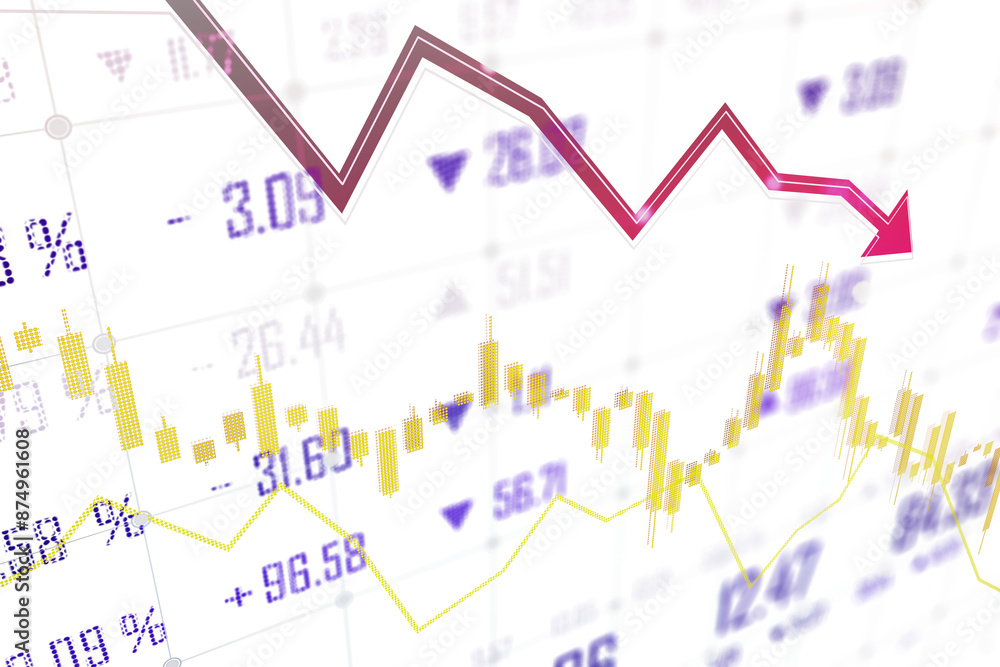 Abstract financial chart with downtrend line graph and stock numbers on white background, concept of market analysis. 3D Rendering Abstract financial chart with downtrend line graph and stock numbers on white background, concept of market analysis. 3D Rendering