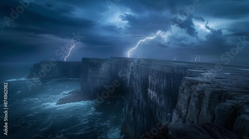 A dramatic scene of a storm brewing over the coast, with dark clouds and lightning illuminating the sheer cliffs.