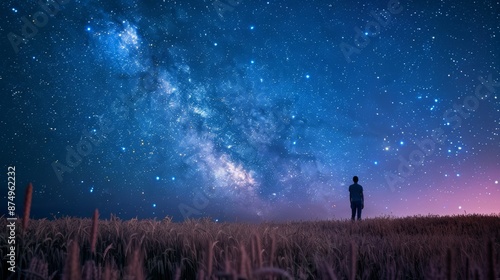 A dreamlike photo of a lone figure standing in a field of tall grass under a starry night sky