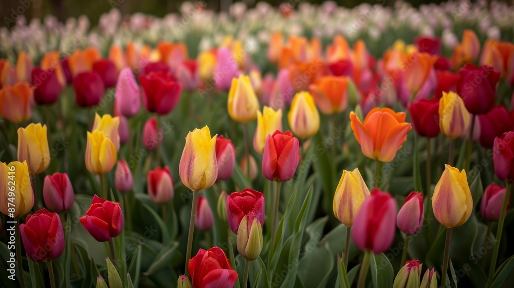 Obraz premium A field of tulips in full bloom, showcasing a variety of colors and creating a breathtaking spectacle.