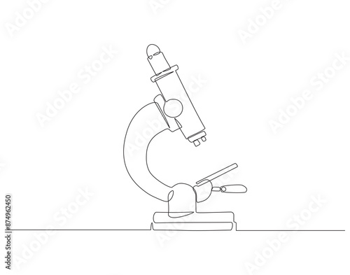 Continuous one line drawing of microscope. One line drawing illustration of microscope laboratory. Research and science, microbiology concept line art. Editable outline.